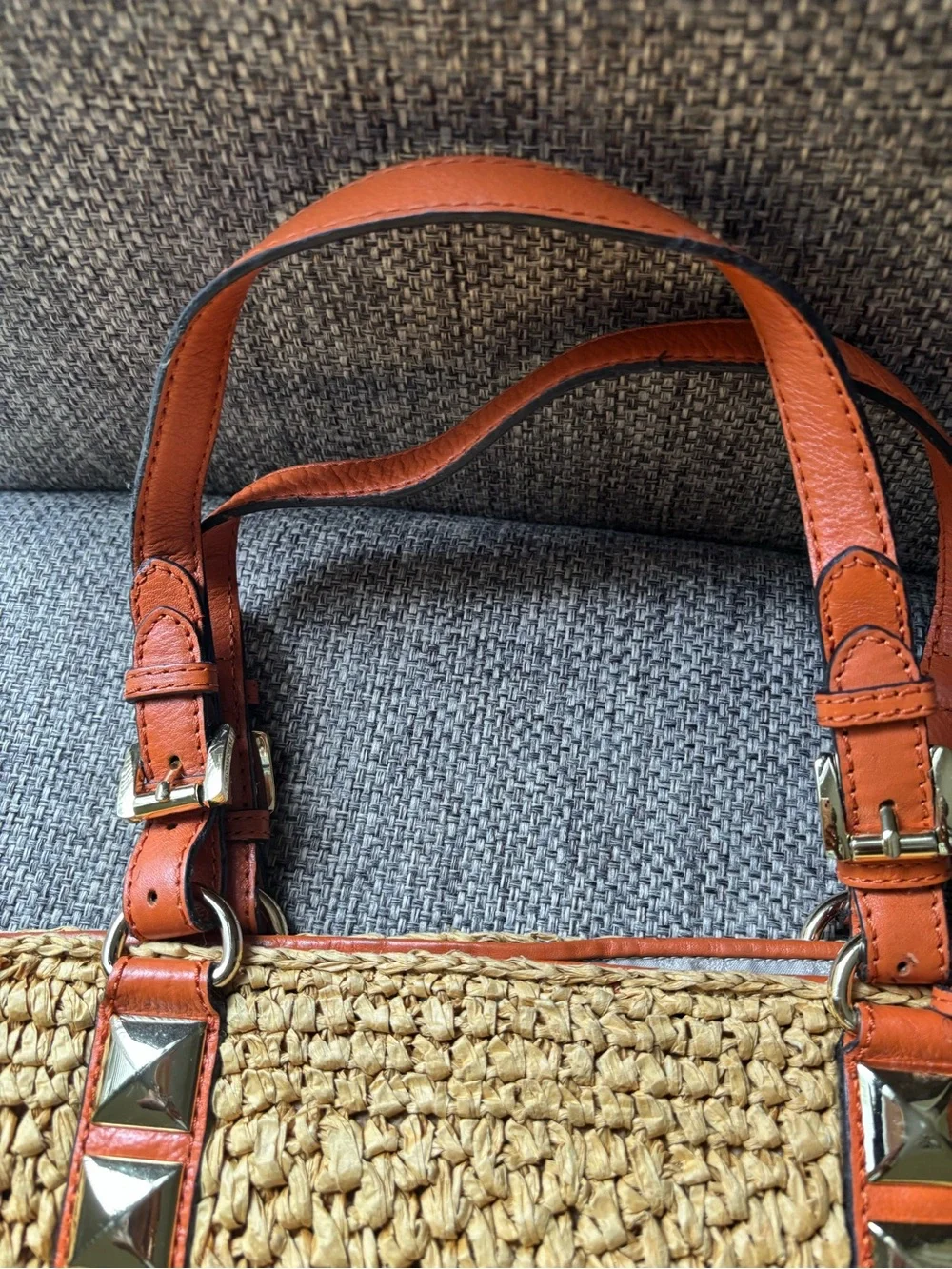 Michael Kors Straw Tote with Orange Leather Trim and Gold Studs